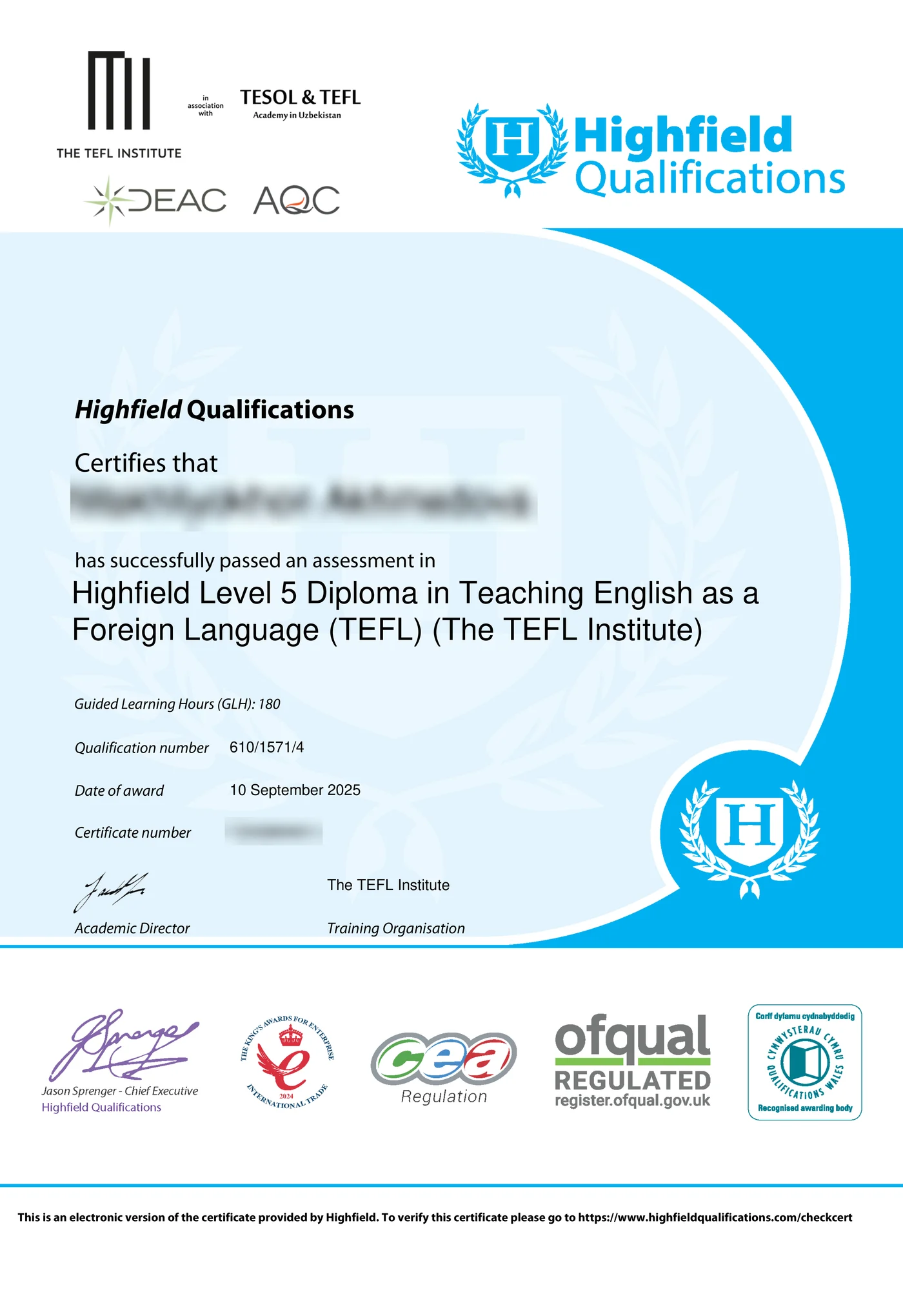 Sample Highfield Level 5 Diploma in TEFL qualification — name and number hidden